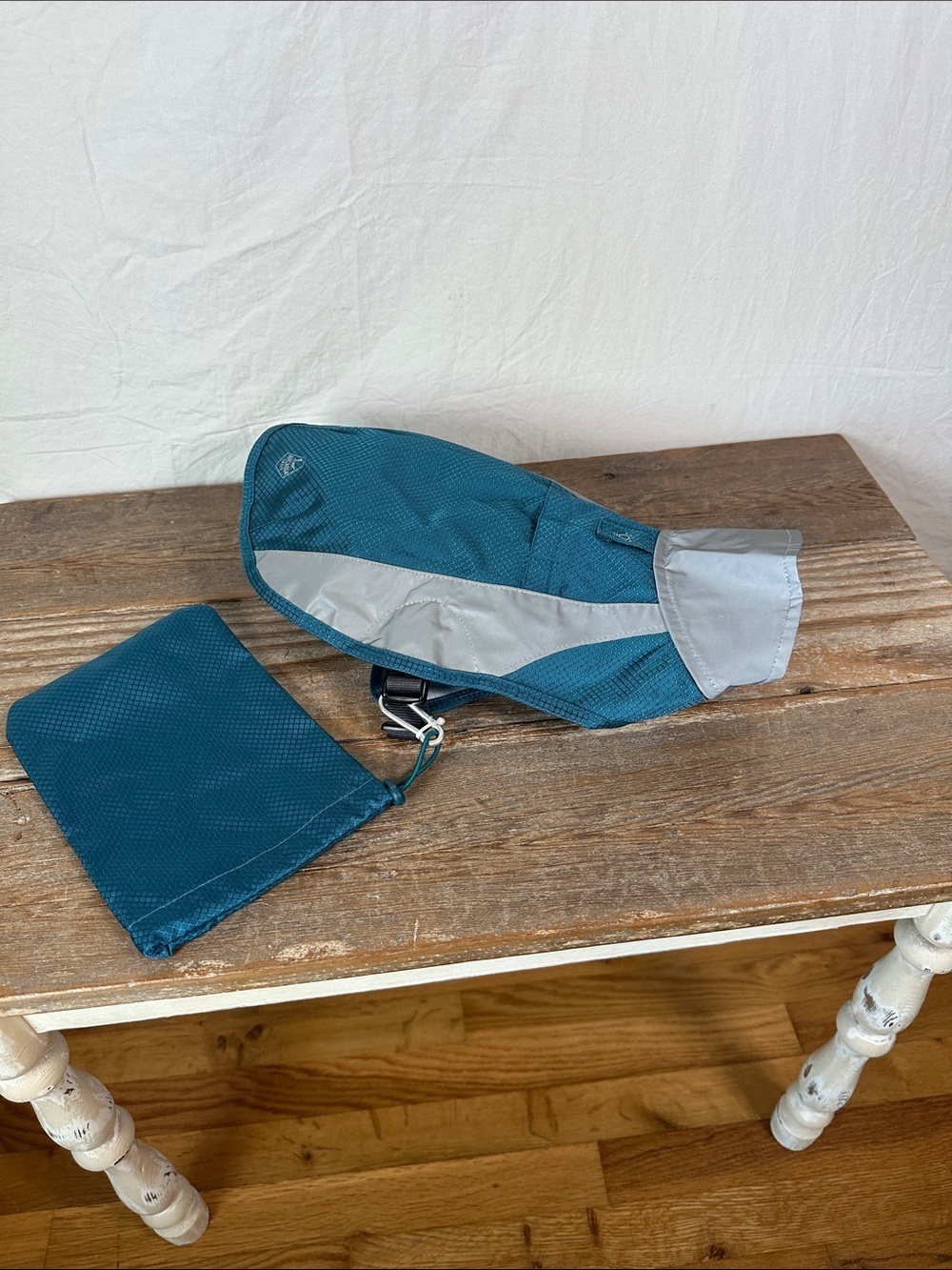 Teal Dog Jacket with Reflective Silver Panel and Matching Pouch